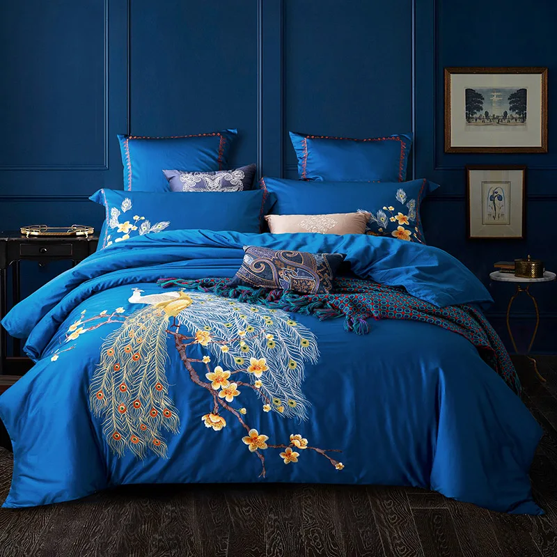 

Blue Red luxury Peacock Embroidery 60S Egyptian Cotton Bedding Set Queen King Size Duvet Cover Bed sheet Pillowcases 4/6pcs