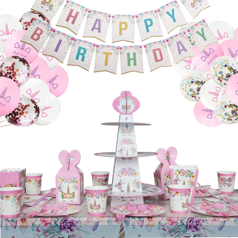 

1st Unicorn Party Decor Tablecloth and Tableware Unicorns Party Cup Plate Birthday Party Decorations Kids Baby Shower Supplies