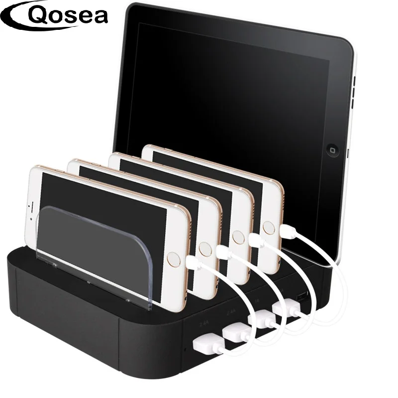 

Qosea Smart 5 USB Multi-function Charger Charging Station Dock 5 Ports Dock Stand Holder For Smart Phone iPad Tablet EU US Plug