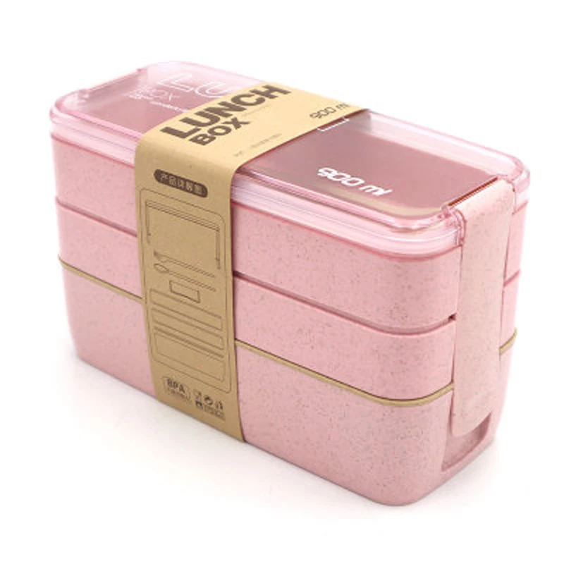 900 мл материал не вредит здоровью Ланч-бокс 3 слоя пшеничной соломы Bento емкости для микроволновой печи столовая посуда контейнер для хранения еды Ланчбокс - Цвет: Pink