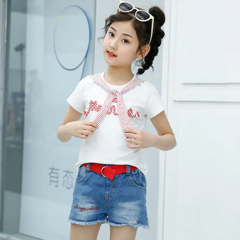 

Girls Summer Set 2019 New Cotton Round Neck Short Sleeve T-Shirt Embroidered Hole Jeans Girls Fashion Set