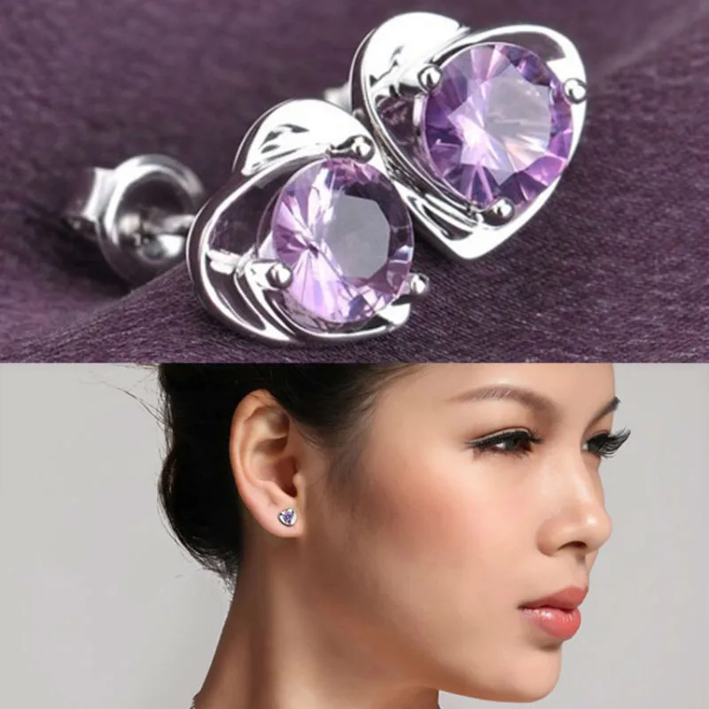 

Women's Fashion Purple Crystal Silver color Heart Shaped Earrings Female Models Wild Jewelry
