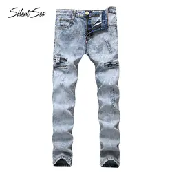 Silentsea для мужчин's плиссированные джинсы для байкеров мужчин Тонкий Тощий мотоботы рваные застёжки молнии ретро джинсовые брюки для мужчин