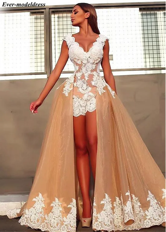 Sexy Evening Dresses Long 2019 With Detachable Train Lace Appliques Zipper Back V-Neck Newest Prom Party Gowns Robe de soiree Sexy Evening Dresses Long 2019 With Detachable Train Lace Appliques Zipper Back V-Neck Newest Prom Party Gowns Robe de soiree