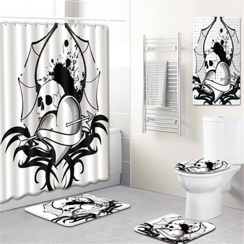

5PCS 3D Skull Bathroom Decor Bath Curtain Non-slip Flannel Toilet Carpet Rugs Bath Mat Set Shower Curtain Set