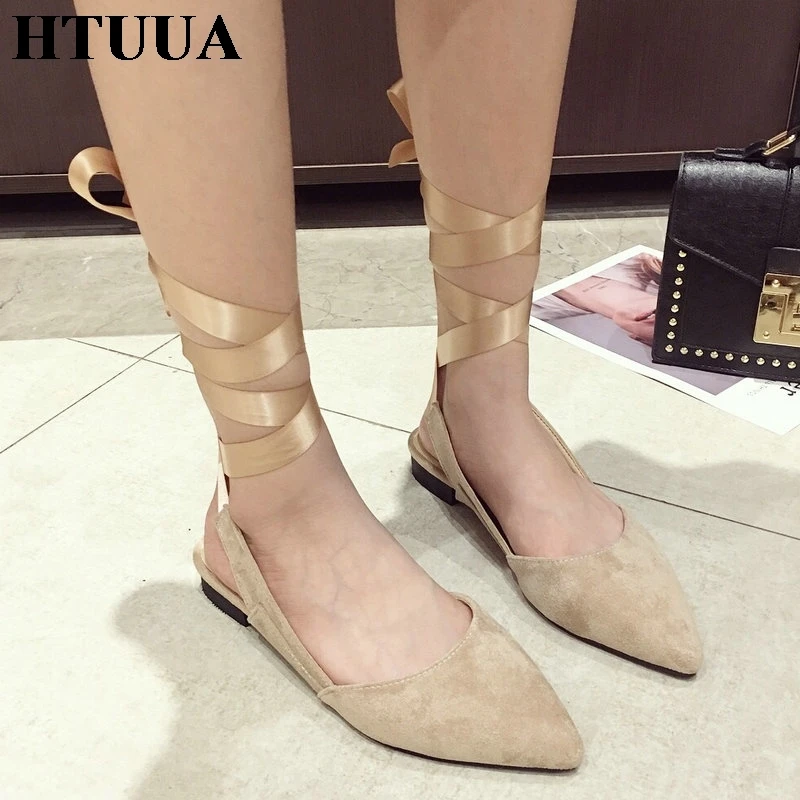 

HTUUA 2019 Spring Summer Women Slippers Sexy Pointed Toe Ankle Strap Cross-tied Flat Shoes Woman Slides Outside Flip Flop SX1969