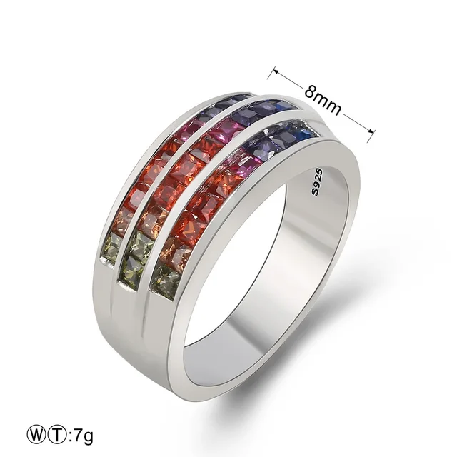 TL 925-Sterling-Silver Rings Fashion Design Big Silver Ring Inlaid Austria Rainbow Zircon Handmade Trendy Ring For Women