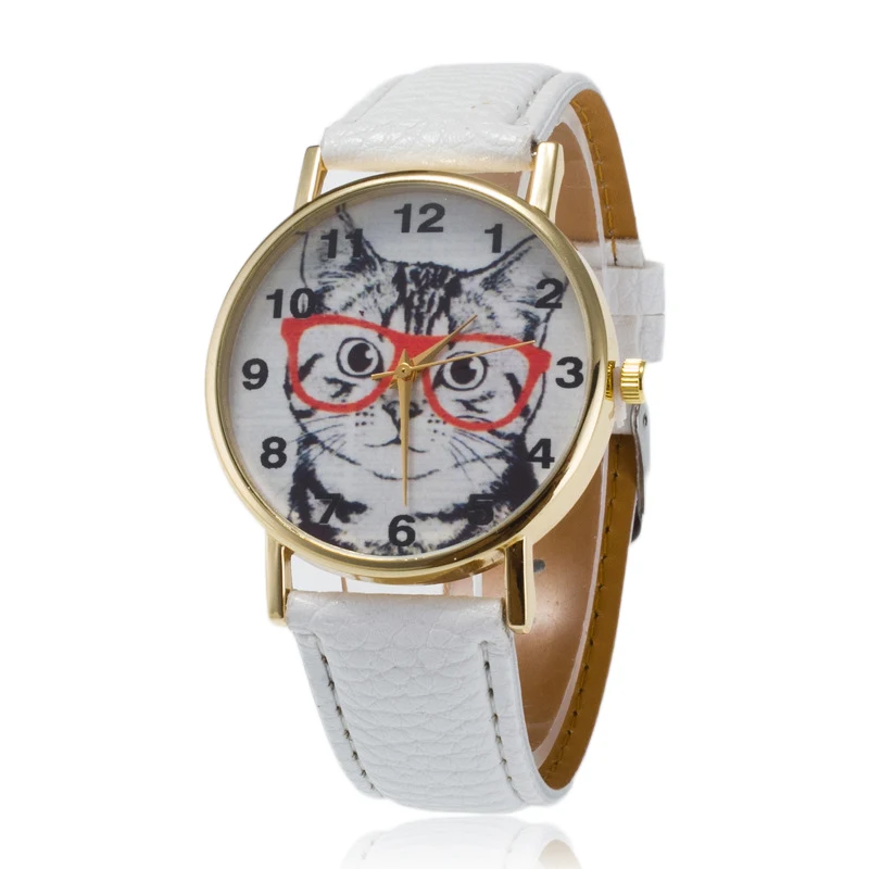 Fashion Womens Ladies Dial Watch Cute Lovely Cat Pattern Casual Faux Leather Band Quartz Analog Dress Students Wrist Watch Clock