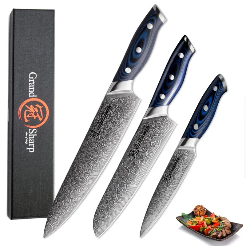  Grandsharp 3 Pcs Damascus Knife Set 67 Layers Japanese Damascus Steel VG10 8''Chef 6.5''Santoku 5'' - 32913385260