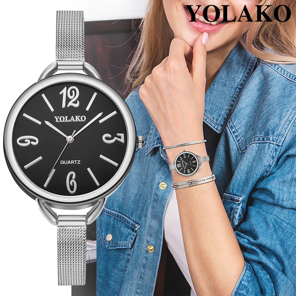 

YOLAKO Fashion Casual Ladies Watch Stainless Steel Mesh Simple Mirror Quartz Fine Strap Womens Clock Watches montre femme