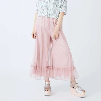 

2018 Summer New Women Mesh Wide Leg Pants Ruffles Sweet Elastic Waist Mid Waist Black Ankle-length Pant Capris Preppy Style