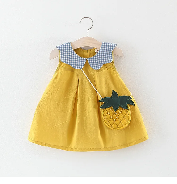 

2019 Summer Baby Girls Plaid Print Lapel Collar Sleeveless Cute Sundress Princess Kids Pleated Dress + Pineapple Bag vestidos