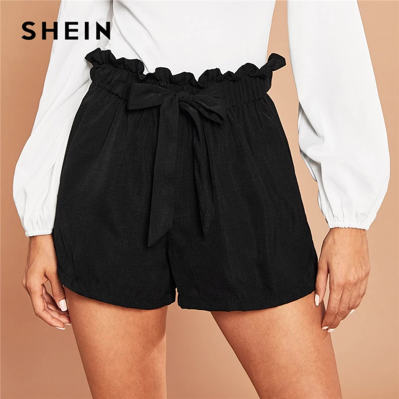 Женские повседневные шорты SHEIN черные однотонные со средней талией на завязках и