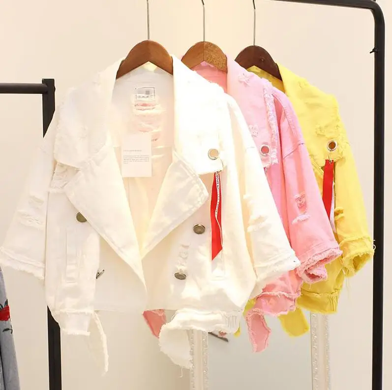 

2018 Spring Autumn New Fashion Women's Solid Color Short Denim Jacket Lapel Hole Ripped Ribbon Jeans Coat Loose Outwear