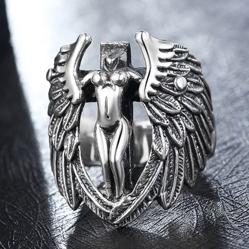 

S925 Sterling Sliver Angel Wings Ring for Men Women Elegant Angle Modeling Thai Vintage Retro Charm Jewelry for Christian Holy