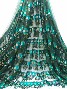 

2019 High Quality French 3D Tulle Tassel African Lace Fabric Sequins Embroidered Nigerian Lace Fabrics For Women Dress Green