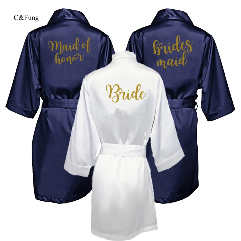 

C&Fung navy blue Wedding Robe satin Silk pajamas Bridesmaid Gift sister mother bride Kimono Getting Ready Bridal Party Robes