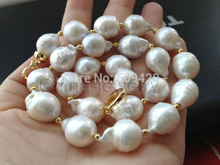 

~~ Free Shipping Beautiful 17" 20mm white Reborn Keshi baroque FW pearl necklace-14k