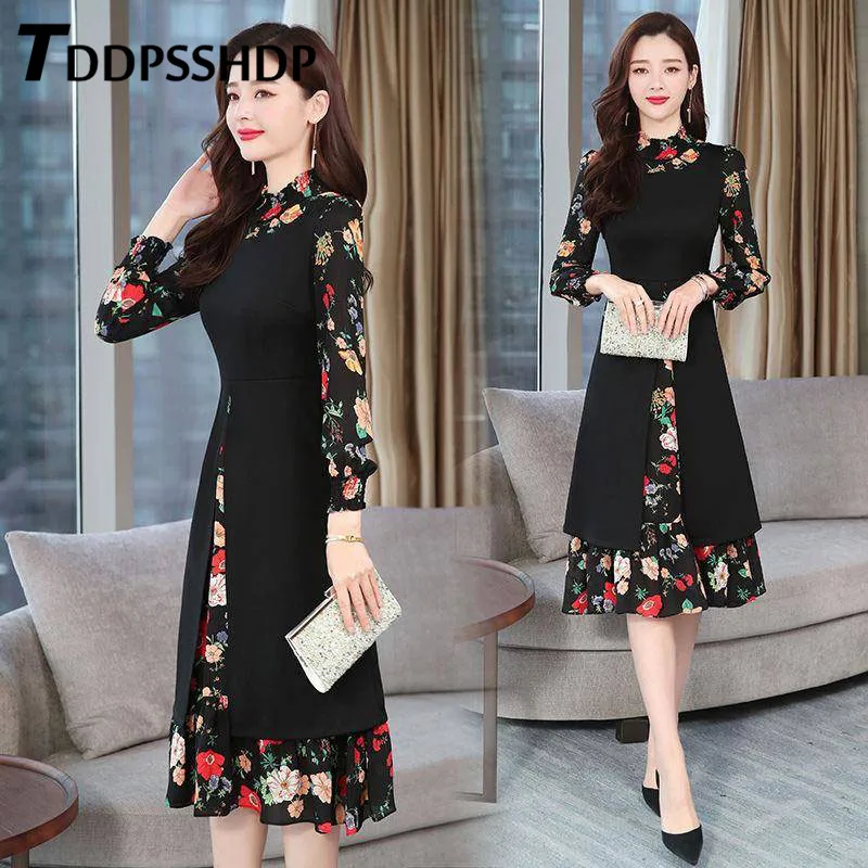 

Plus Size Fake Two Piece Women Dress Age Reduction Flower Printing Spring Female Dresses