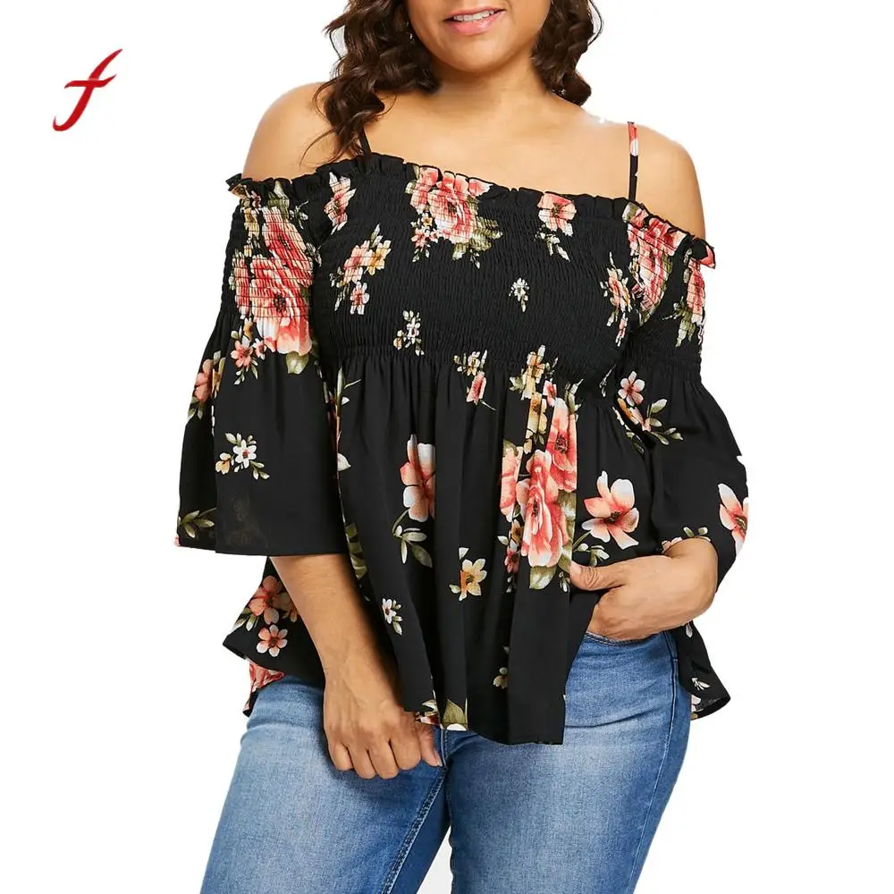 Feitong Plus Size Tops Summer Women Cold Shoulder Floral Printing Flare