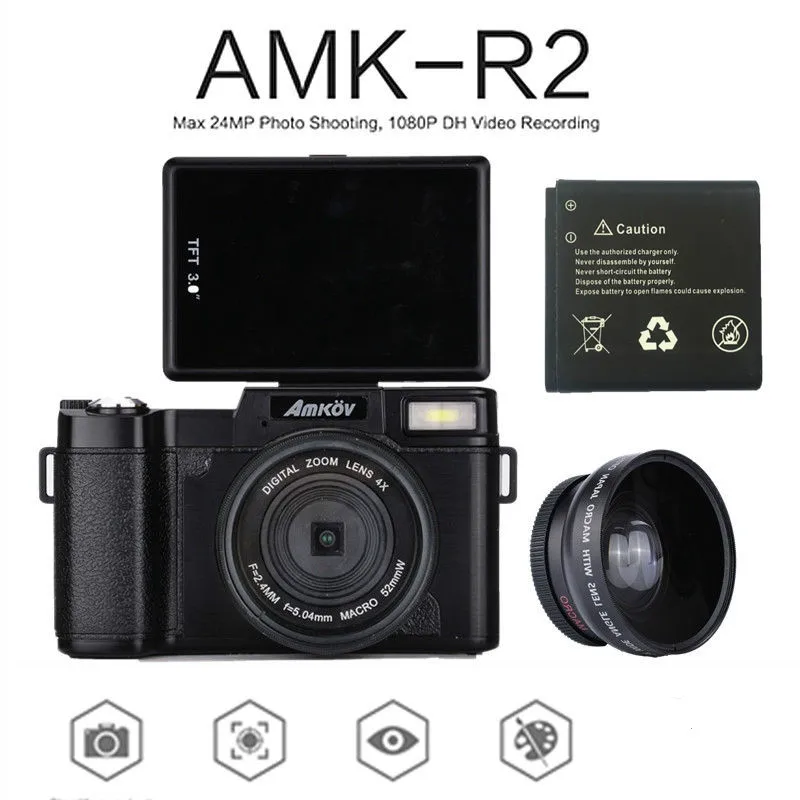 AMKOV Цифровая зеркальная видеокамера AMK-R2 3," CMOS TFT lcd 1080P HD 24MP широкоугольный объектив Цифровая камера DVR кардридер