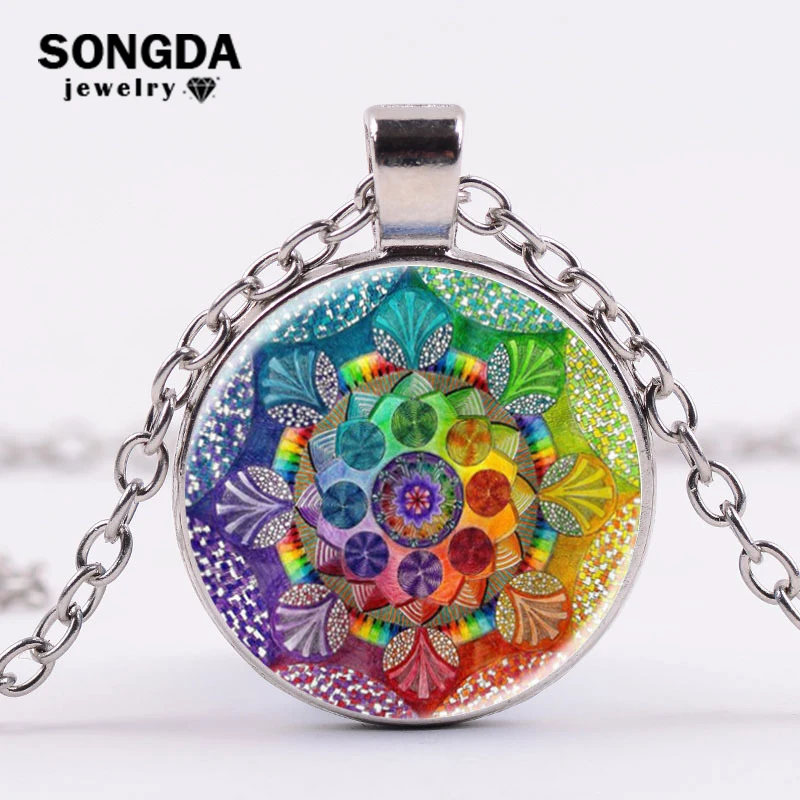 

SONGDA Classic Flower of Life Buddhist Necklace Om Yoga Mandala Art Photo Glass Cabochon Pendant Choker Sacred Geometry Jewelry