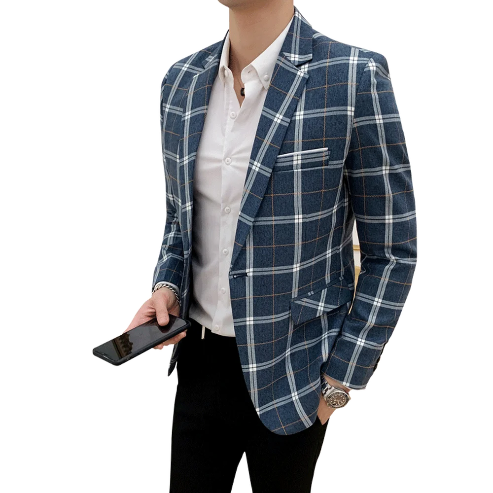 

Spring Fashion Lattice Mens Suit Jacket Slim Fit Sleeve Small Suit Blazer Man Single buckle lattice Casual Business New Pattern