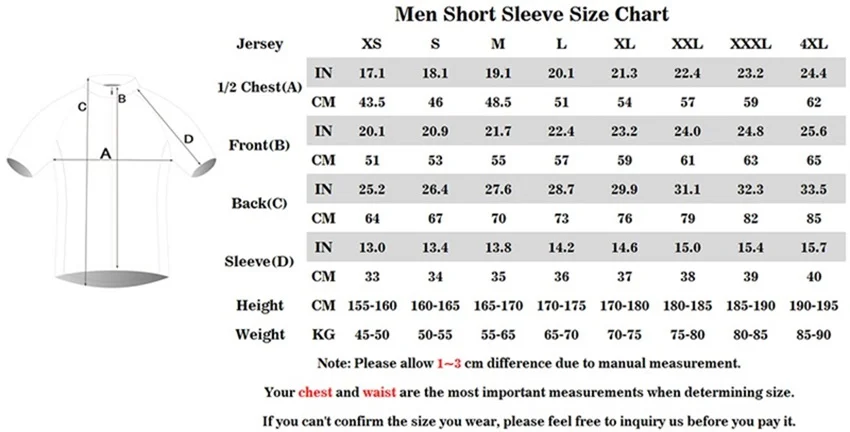 Men Short Sleeve Jersey Size Chart