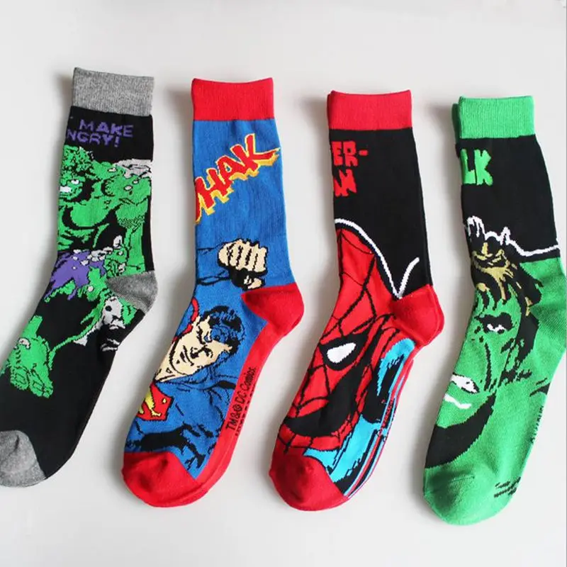 Harajuku мужские носки хлопок милый супер герой, Супермен, Бэтмен Халк Человек паук косплей забавные носки Супермена длинные Высокое качество