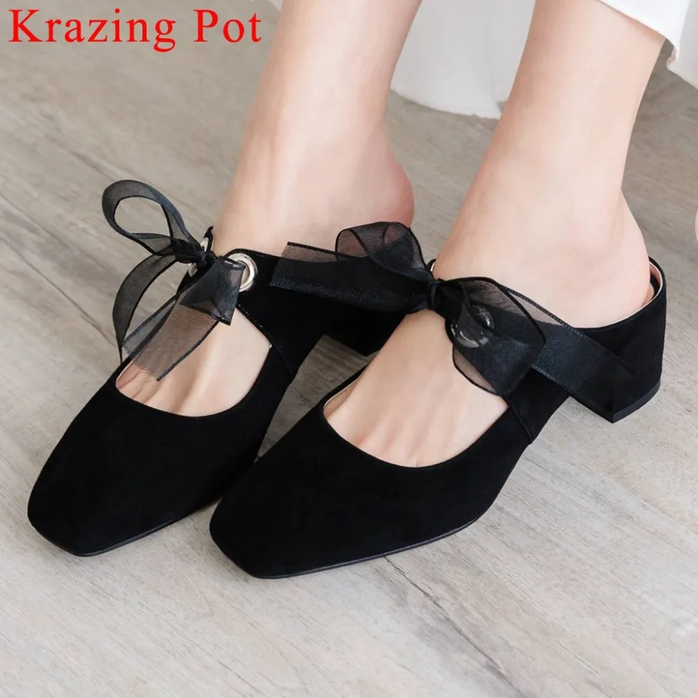 

Krazing Pot gorgeous riband bowtie natural leather chunky heels square toe slip on mules slingback young lady big size shoes L30