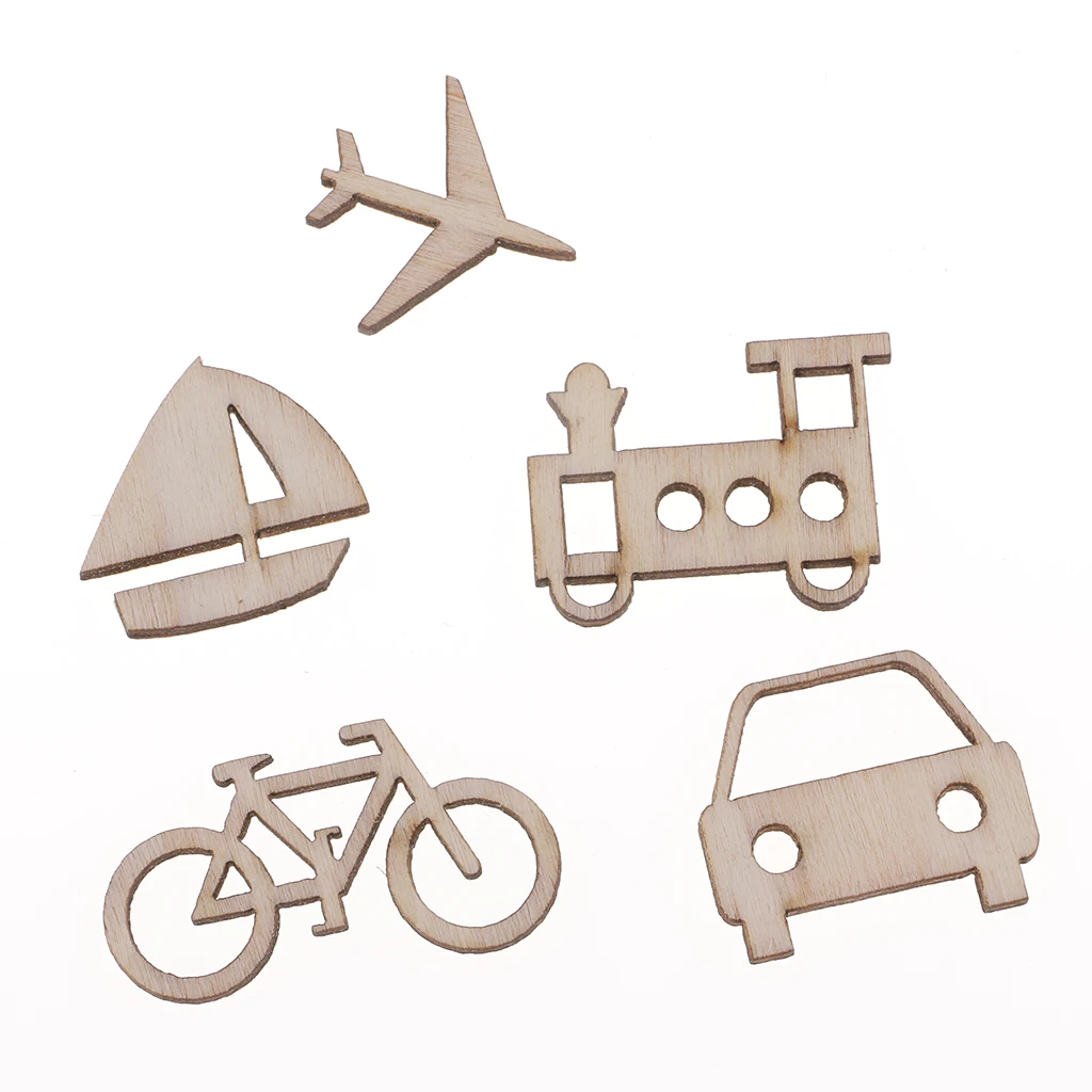 50pcs Unfinished Wood Vehicle Wooden Shapes Cutout Slices Scrapbooking Embellishments for Kids DIY Craft 