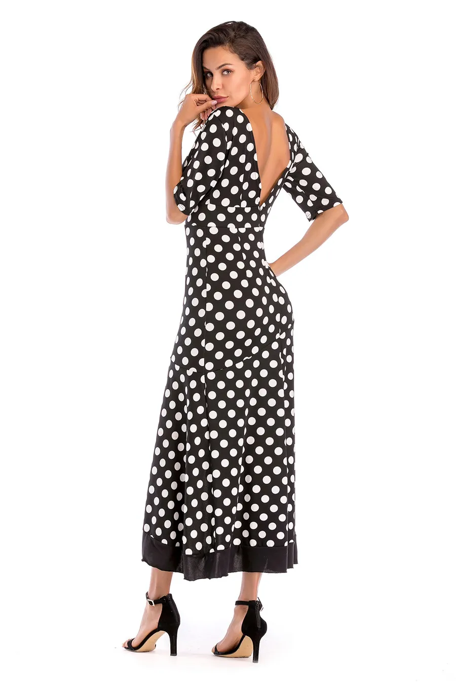 Gladiolus New Autumn Women Long Dress Half Sleeve Deep V-Neck Sexy Backless Polka Dot Ruffles Hem Maxi Dress Robe Femme Ete 2018 (14)