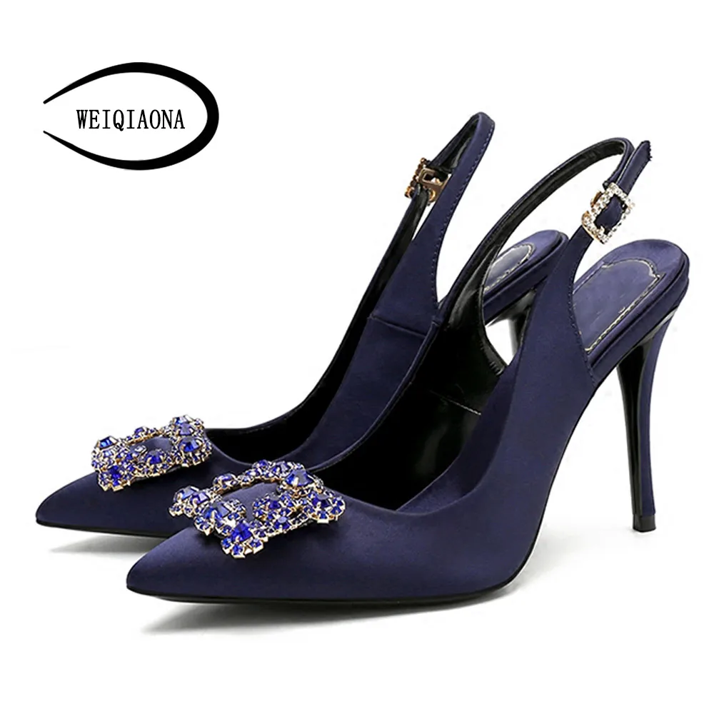 WEIQIAONA Новинка весны женские туфли-лодочки на высоком каблуке элегантная обувь с пряжкой и стразы свадебные туфли с острым носком, брендовые дизайнерские сандалии - Цвет: 10cm heel blue
