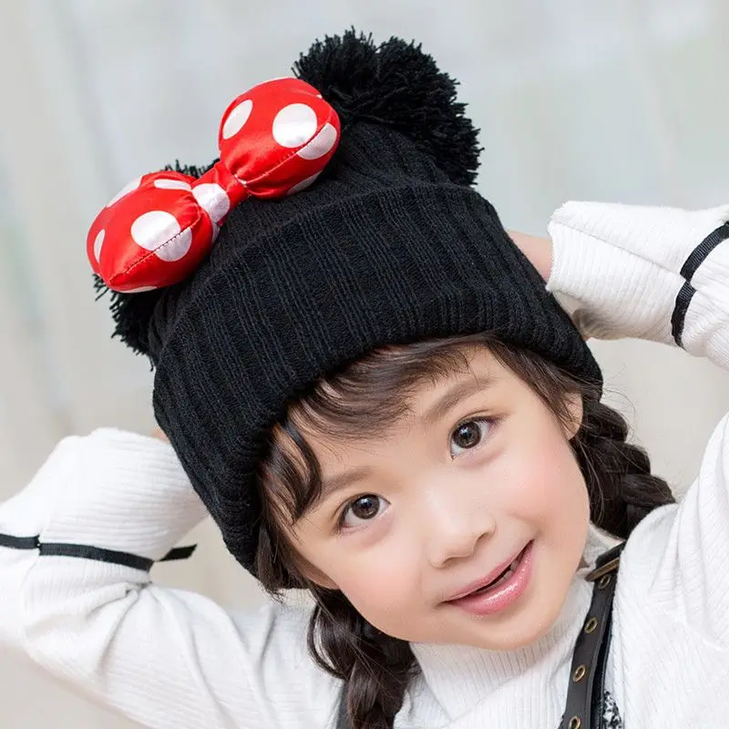 

2019 New Big Dot Bowknot Baby Hat Cute Kids Girls Pompom Ball Cap Autumn Winter Outdoor Warm Knitted Beanie