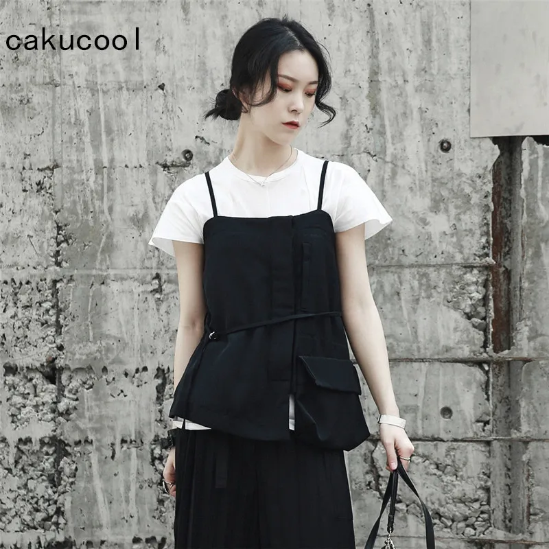 

Cakucool New Harajuku Vests of Women Spring Summer Black Pullover Asymmetric Spaghetti Sleeveless Jacket Outerwear Camisa Femme