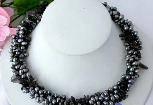 

huij 002437 4ROW 18" BLACK PEARL NATURE detritus CRYSTAL NECKLACE