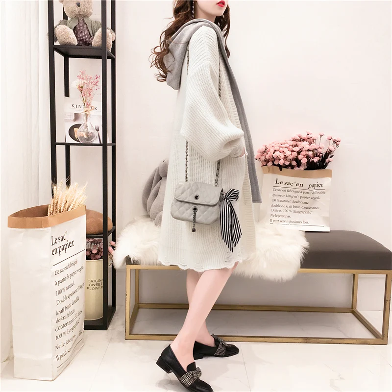 Hooded Casual Sweater Coat Women New Autumn Cardigan Knit Coat Female Long Horn buckle Loose Coat Sweater Outerwear AN056