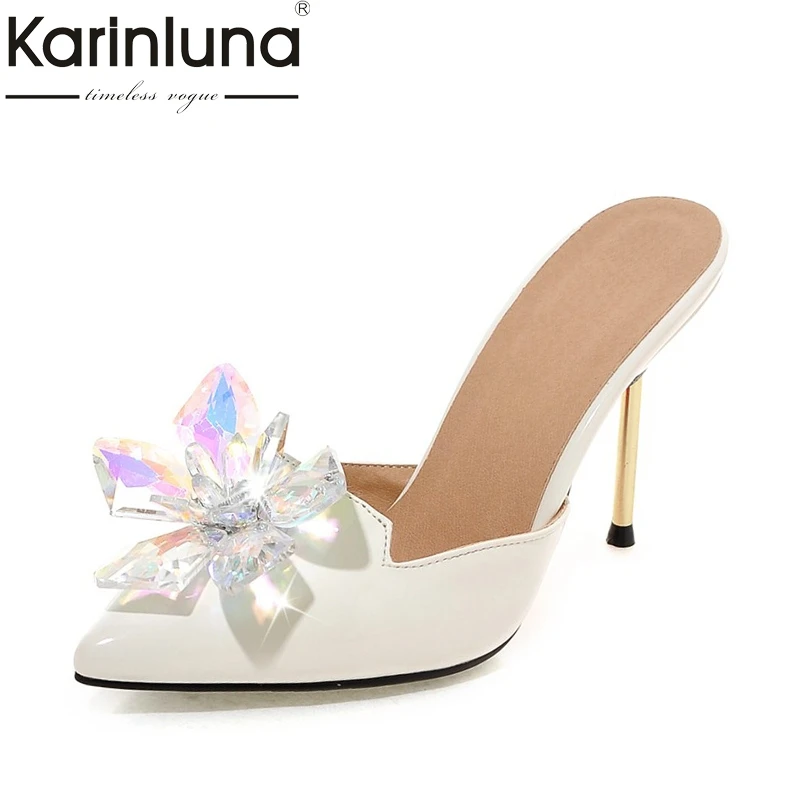 KARINLUNA 2018 big size 32-43 crystal fashion brand woman shoes women sexy thin high heels pointed toe wedding mules pumps woman bonjomarisa 2018 summer brand sexy women mules print patent leather pumps crystal high heels party wedding shoes woman