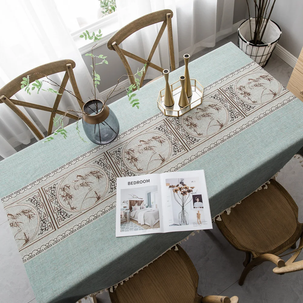 Luxury Embroidered Tablecloth Upscale Linen Cotton Relief Painting Pattern Table cloth Pendant Deco