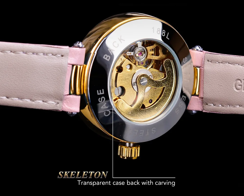 Forsining, розовые женские Автоматические часы с бриллиантами, женские часы, топ Montre Femme,, золотой скелет, Relogio Feminino, Брендовые Часы со звездами