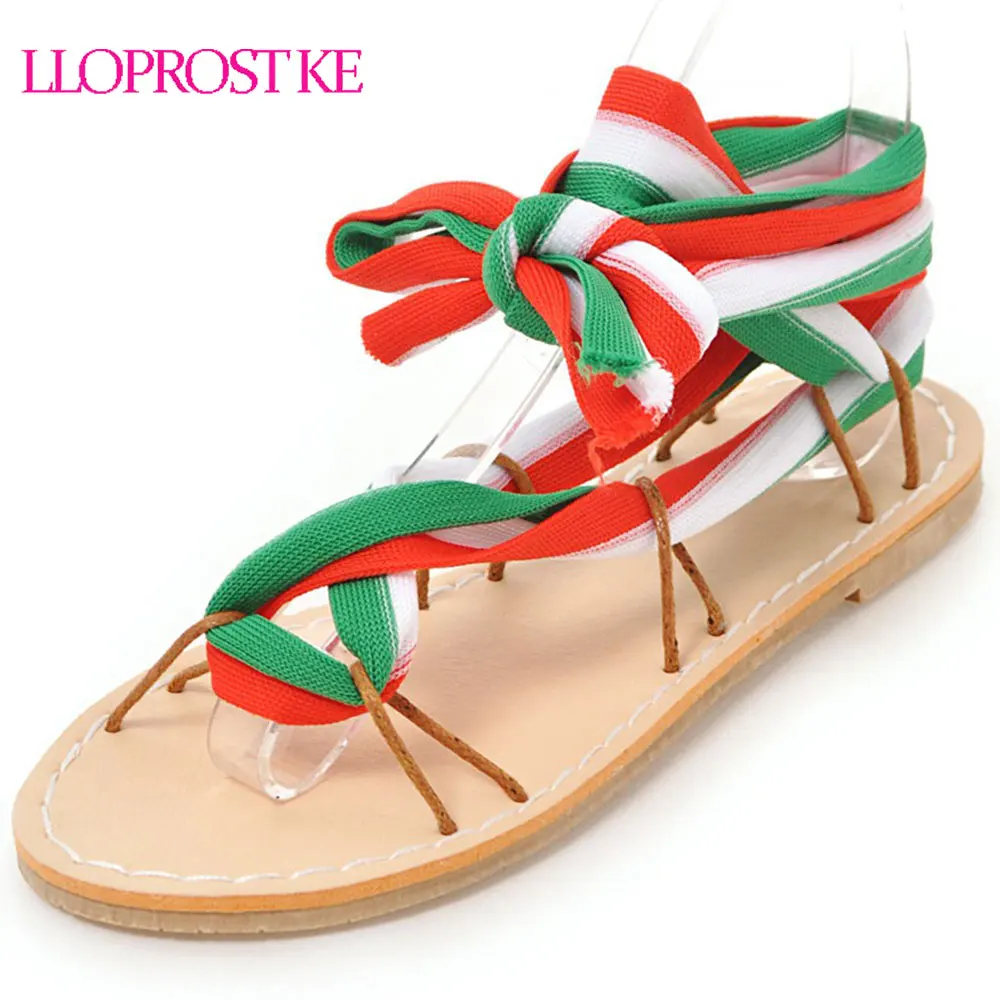 

LLOPROST KE New Women Sandals Gladiator Casual Lace Up Flat Sandals Fashion Women Cross Tie Ankle Strap Summer Sandals MY213