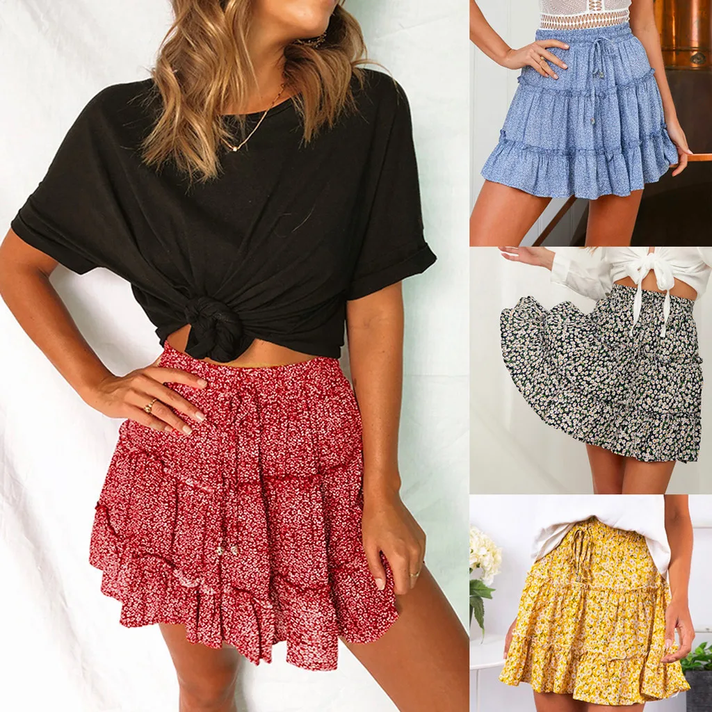 

JAYCOSIN Skirt Summer Women Casual Boho A-Line Pleated Skirts Womens High Waist Ruffled Floral Print Beach Mini Skirt 19JUL1