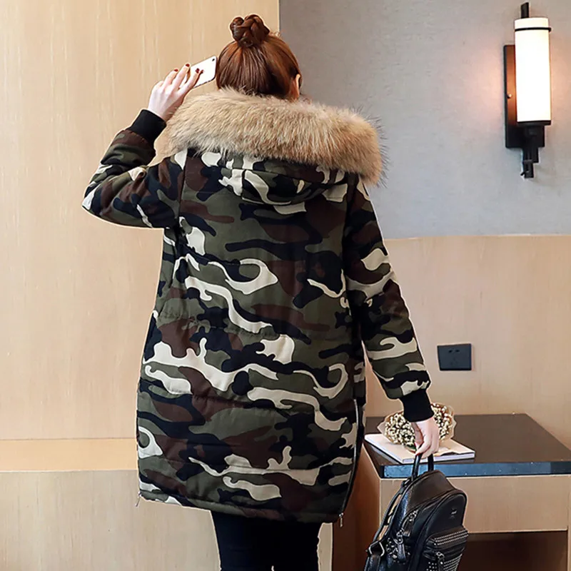 Камуфляжные военные куртки, Зимняя женская куртка Chaqueta Mujer, толстые хлопковые макси пальто с капюшоном и меховым воротником, Зимняя парка C3443