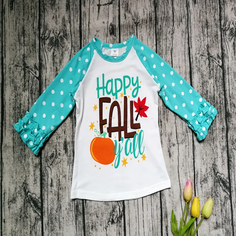 

Kids Blue Halloween shirt Baby Unisex pumpkin letter print Tops Toddler ruffle Sleeve Autumn tops for 1-7T