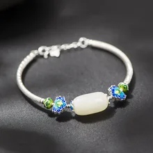 Изделий 925 серебряный браслет с перегородчатой Эмалью Цветок лотоса инкрустированные Хотан нефритовый бисер серебро браслет