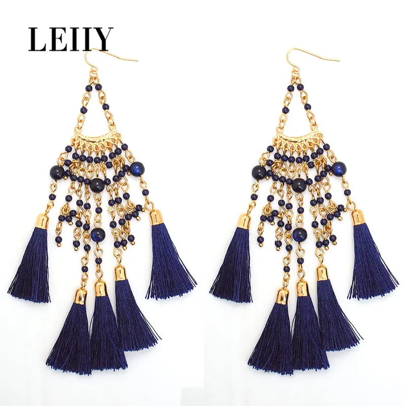 LEIIY New Navy Blue Acrylic Beads Balls Tassel Long Dangling Earrings