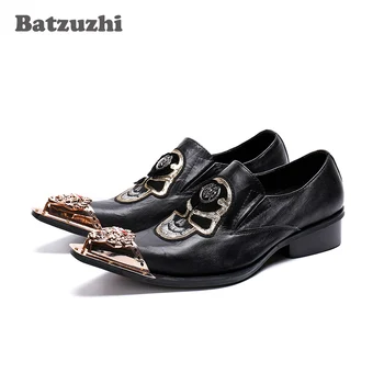 

Batzuzhi Western Rock Men Shoes Gold Metal Tip Black Genuine Leather Dress Shoes Men Formal Business and Party, Stage Shoes Men