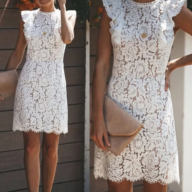

Sleeveless Lace Floral White Womens Mini Dress Patchwork Vintage Bodycon Party Dresses Women Summer Plus Size 3XL Female Vestido
