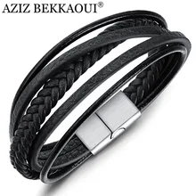 AZIZ BEKKAOUI черный/коричневый браслет из натуральной кожи для мужчин браслеты из нержавеющей стали Diy браслет из воловьей кожи мужские ювелирные изделия подарок