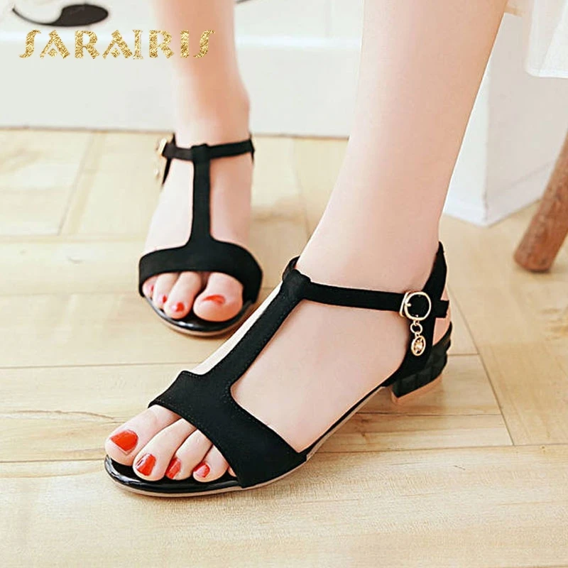 

SaraIris Fashion t-strap Chunky Heel Buckle Up Casual Summer Shoes Woman Sandals Large Size 32-43 Black Red Beige